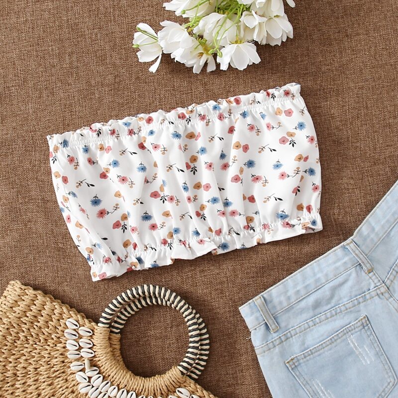 

Frill Trim Ditsy Floral Tube Top, White