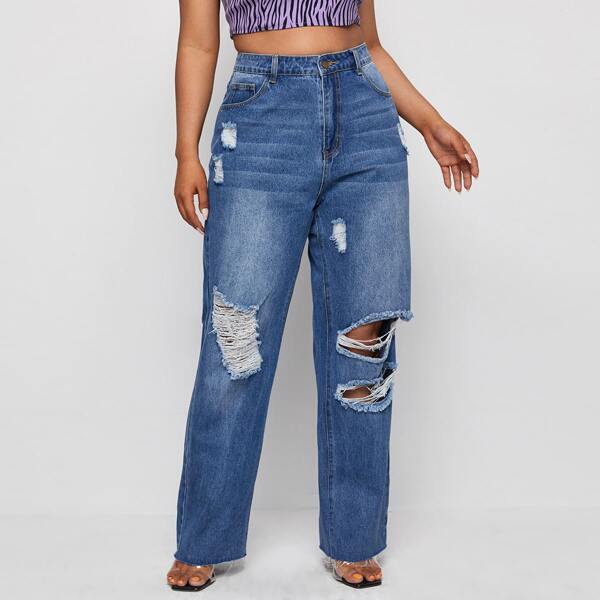 

Plus High Waist Ripped Straight Jeans, Medium wash