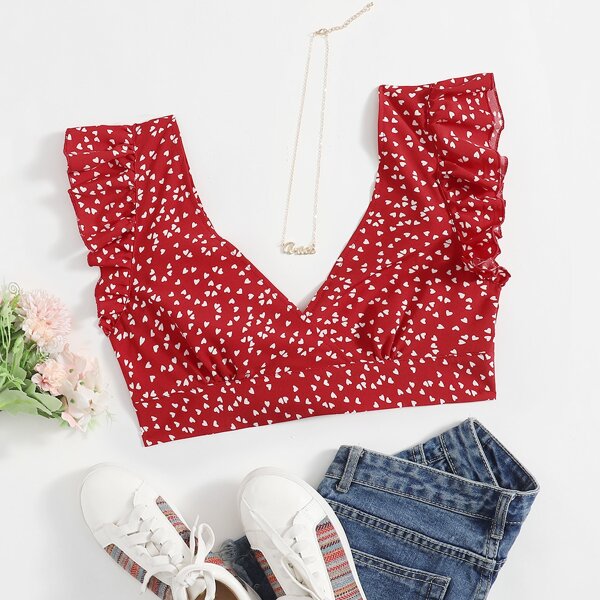 

Heart Print Ruffle Armhole Top, Red