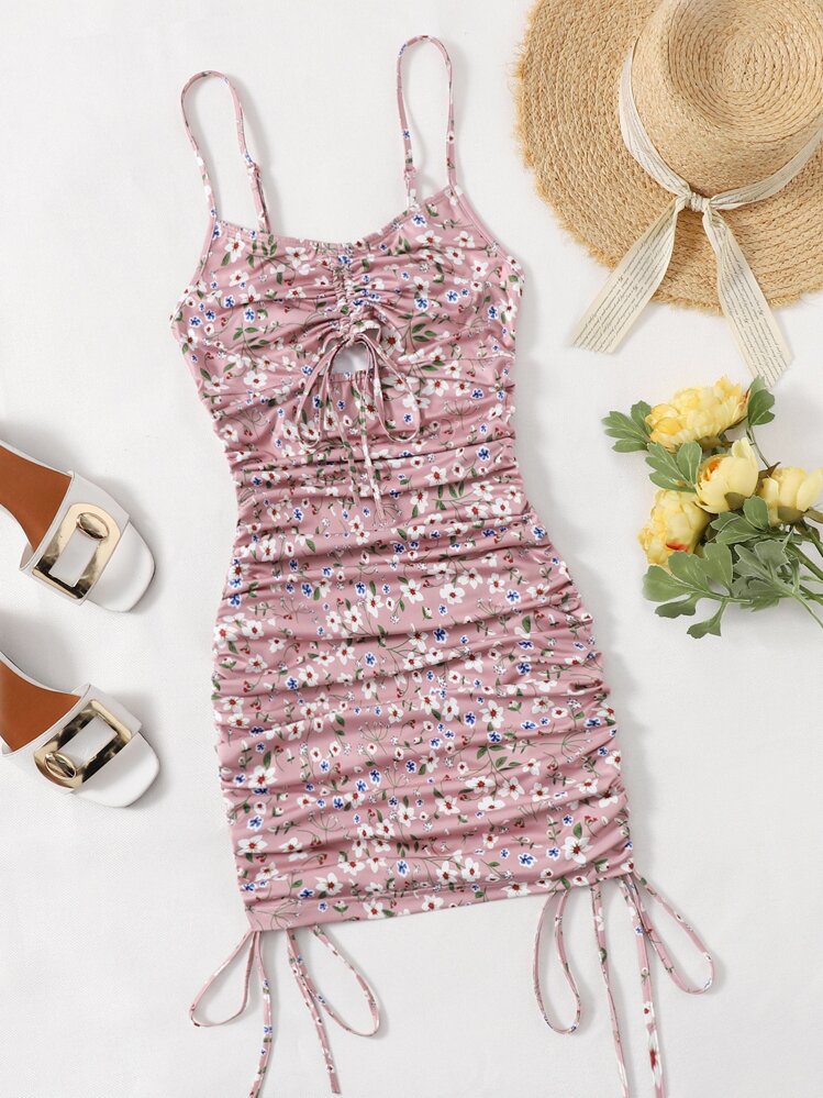 Soleia Ruched Drawstring Ditsy Floral Peekaboo Dress - Dusty Pink - View 1