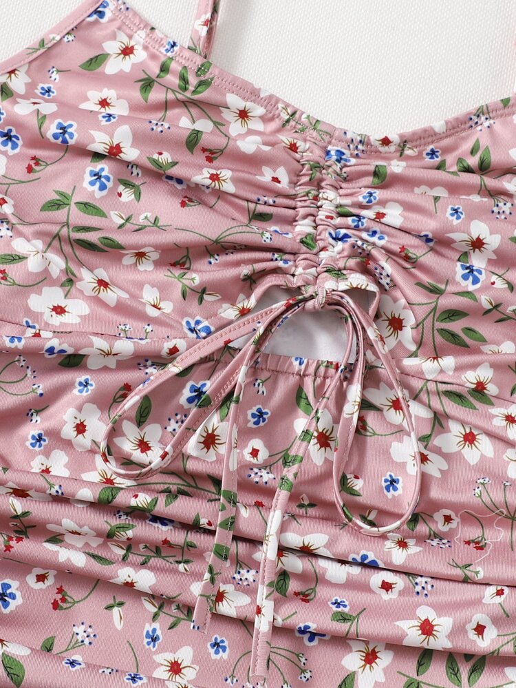 Soleia Ruched Drawstring Ditsy Floral Peekaboo Dress - Dusty Pink - View 4