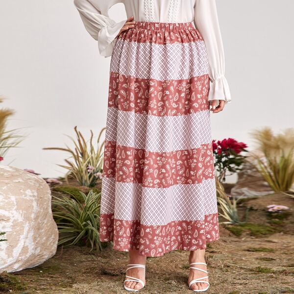

Plus Paisley & Plaid Print Skirt, Multicolor