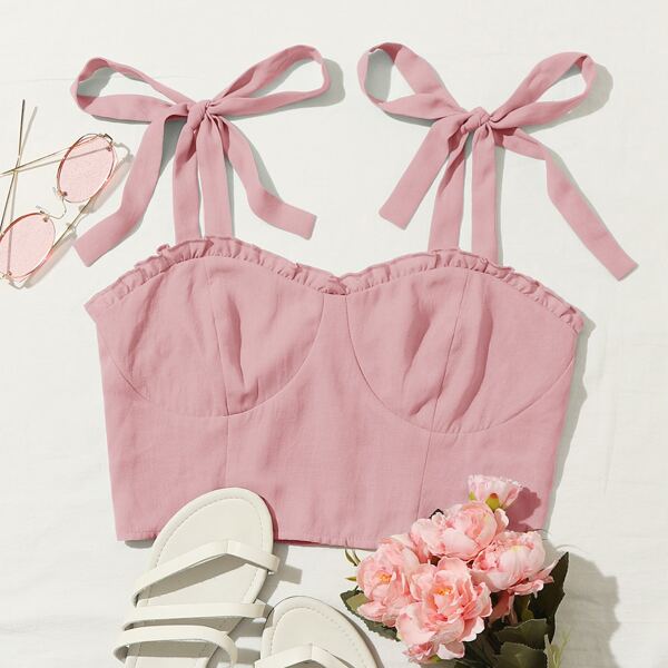 

Tie Shoulder Frill Trim Bustier Crop Top, Baby pink