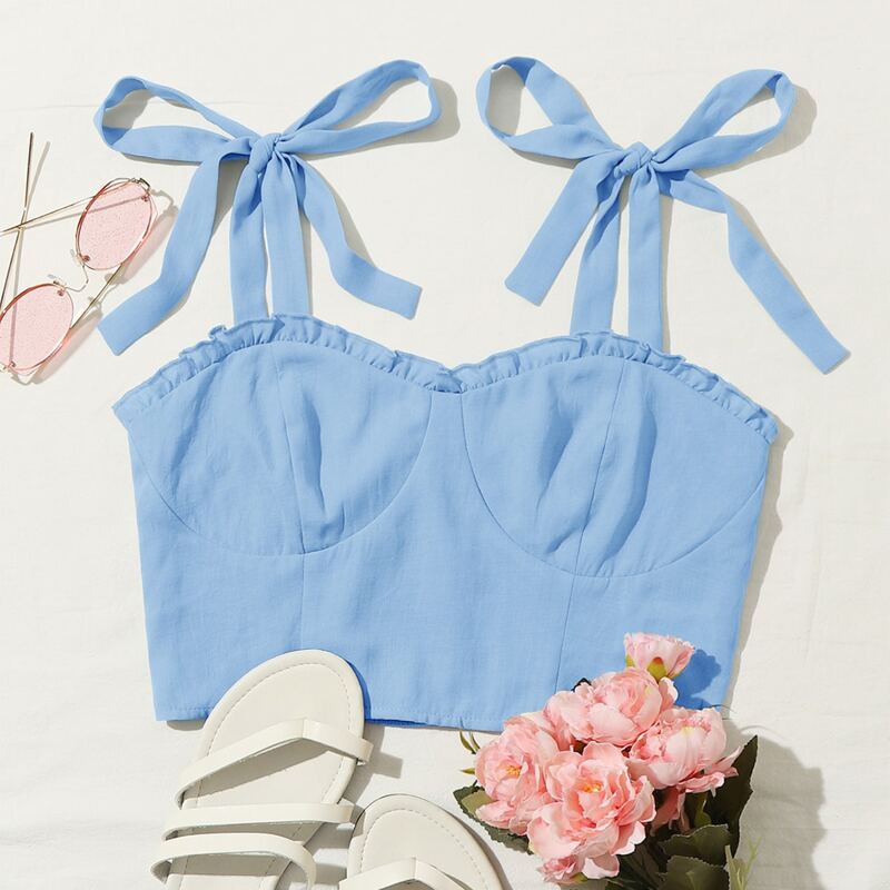 

Tie Shoulder Frill Trim Bustier Crop Top, Baby blue