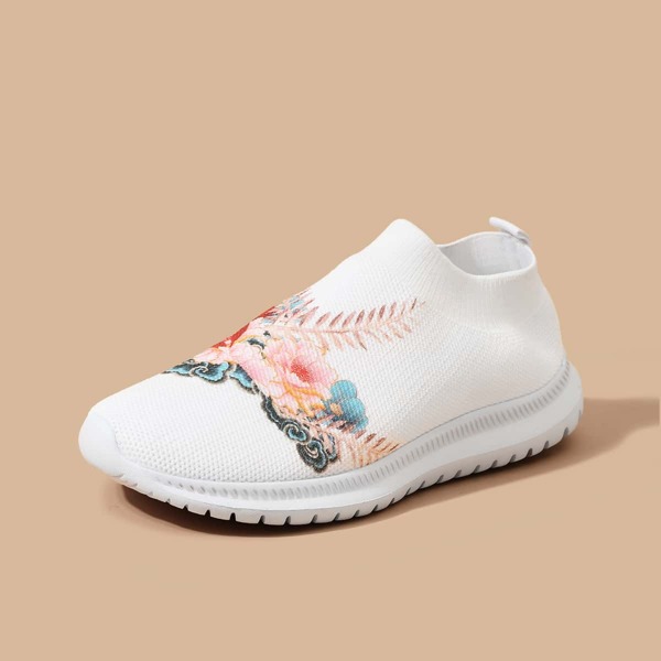 

Floral Graphic Knit Slip On Sneakers, White