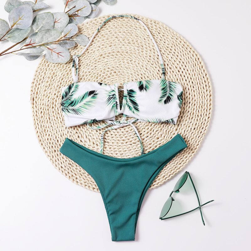 

Leaf Print Lace-up Bikini Swimsuit, Multicolor