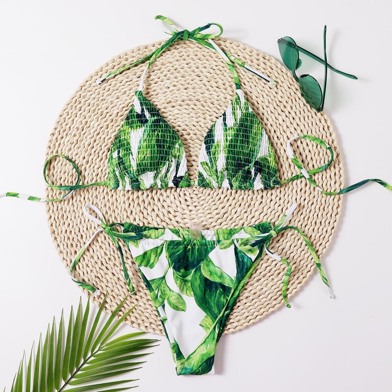 

Leaf Print Smocked Bikini Swimsuit, Green