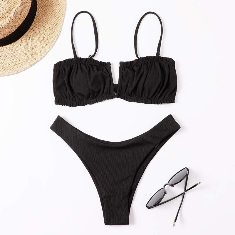 

Ruched Bust High Leg Bikini Swimsuit, Black