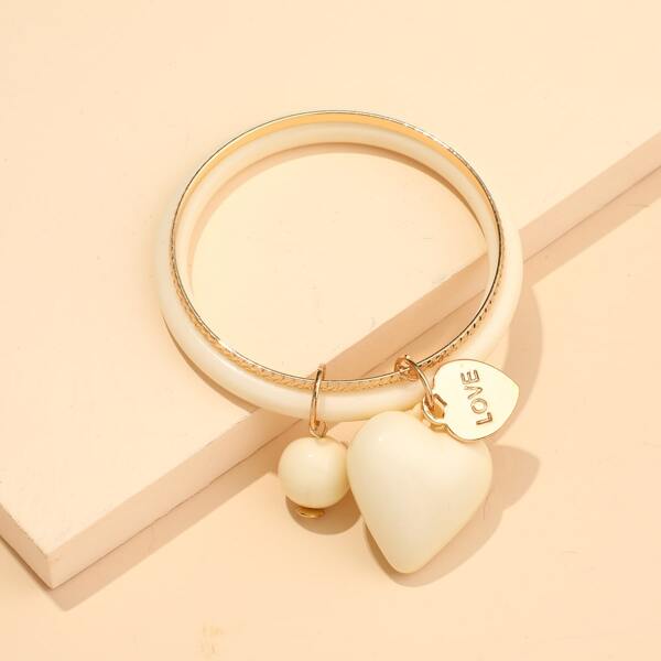 

Letter Engraved Heart Charm Bangle, Beige