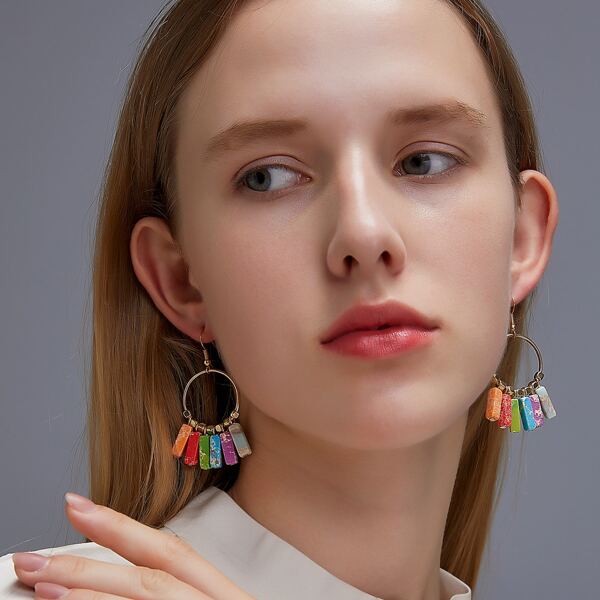 

Stone Tassel Charm Drop Earrings, Gold