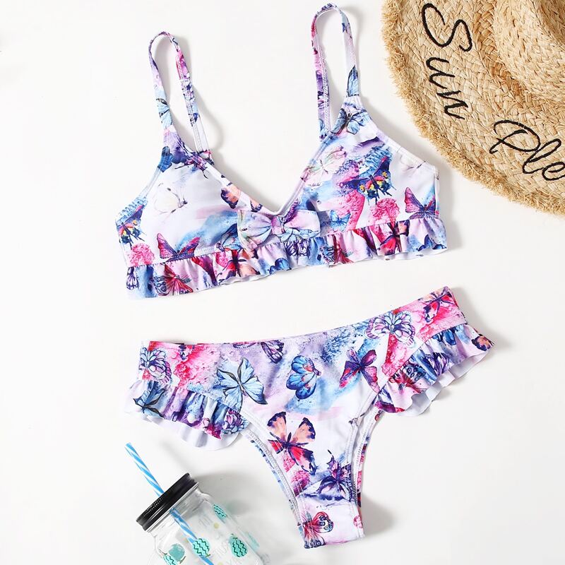 

Butterfly Print Frill Bikini Swimsuit, Multicolor
