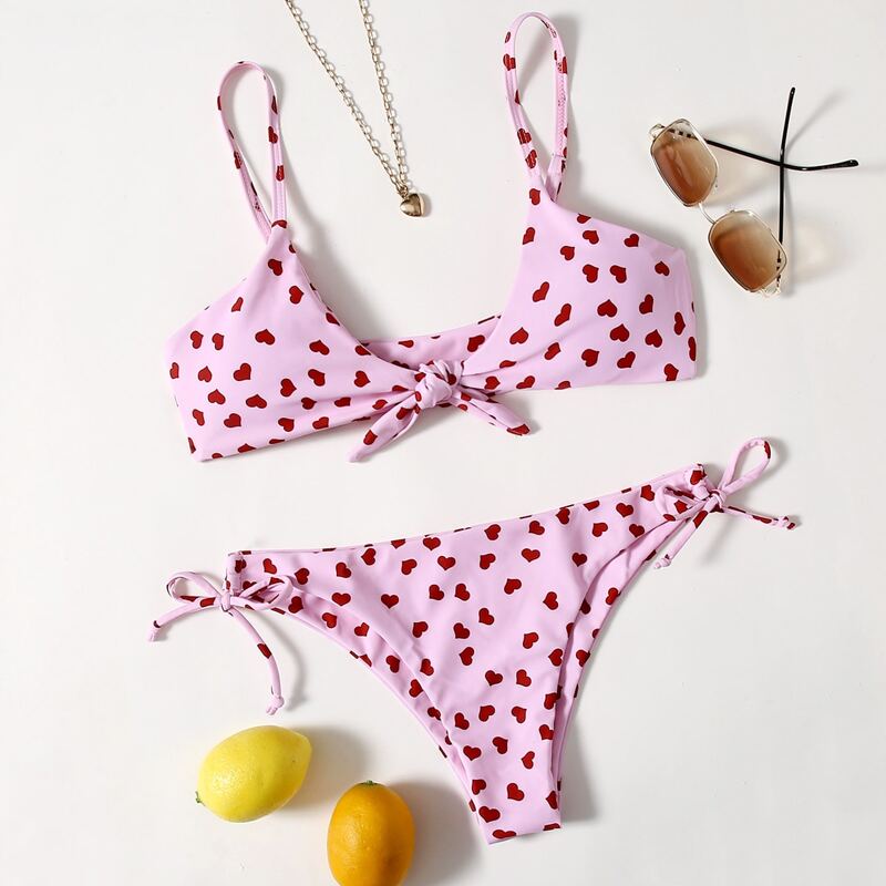 

Heart Print Knot Bikini Swimsuit, Pink