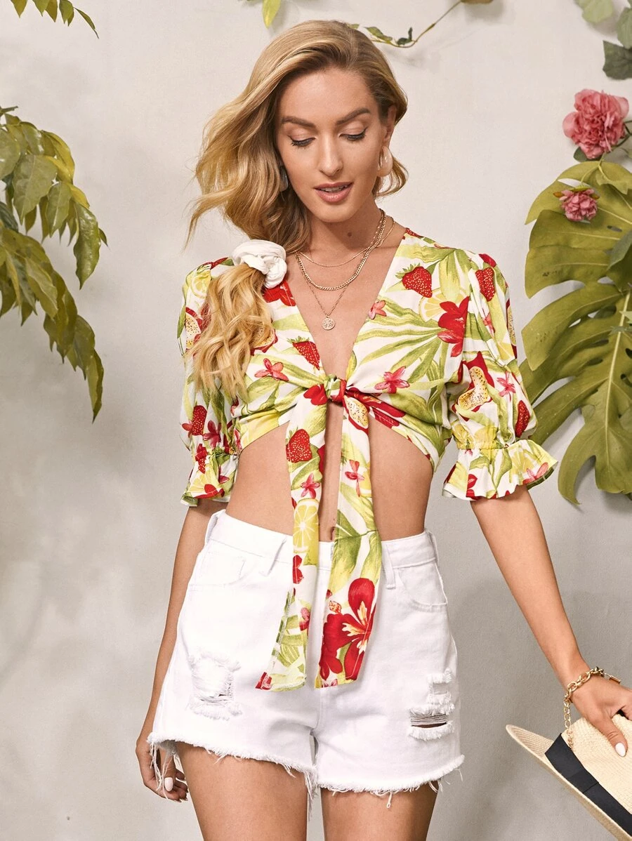SHEIN VCAY Bell Sleeve Tie Front Fruit & Floral Print Crop Top - Multicolor - View 1