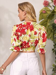 SHEIN VCAY Bell Sleeve Tie Front Fruit & Floral Print Crop Top - Multicolor - View 2