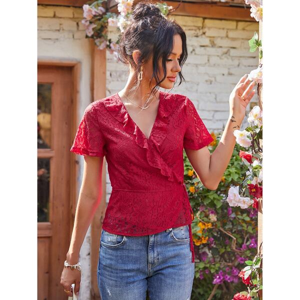 

Ruffle Trim Knot Side Wrap Lace Blouse, Rose red