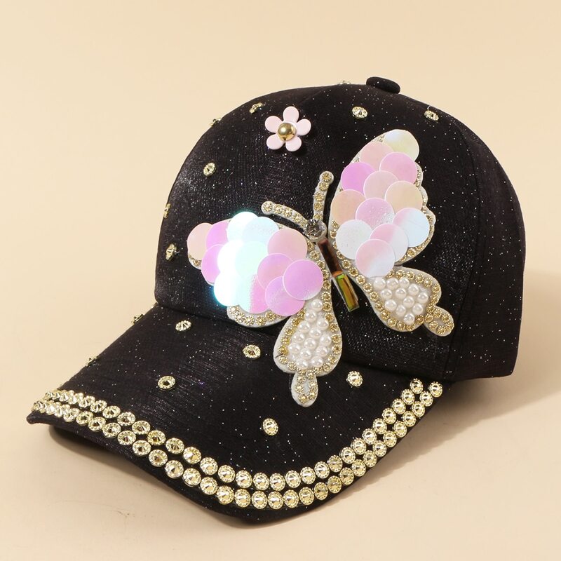 

Faux Pearl & Sequin Butterfly Baseball Cap, Black