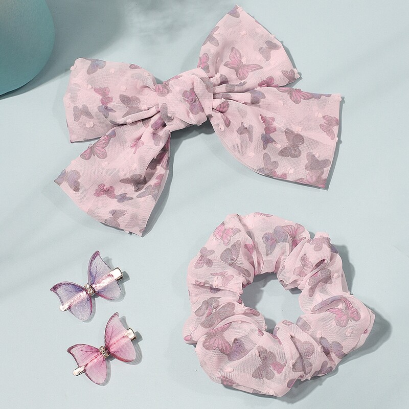 

1pc Butterfly Print Scrunchie & 3pcs Hair Clip, Pink