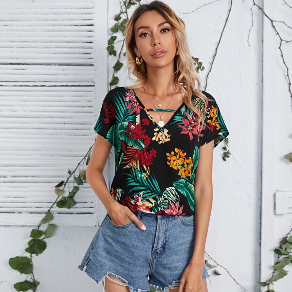 

Keyhole Neck Tropical Print Top, Multicolor