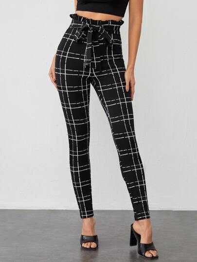 SHEIN Privé Paperbag Waist Belted Plaid Trousers