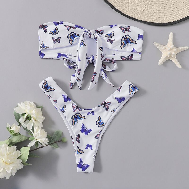 

Butterfly Print Knot Front Bikini Swimsuit, Multicolor