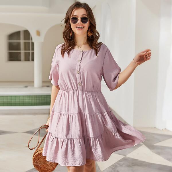 

Plus Solid Ruffle Hem Button A-line Dress, Dusty pink