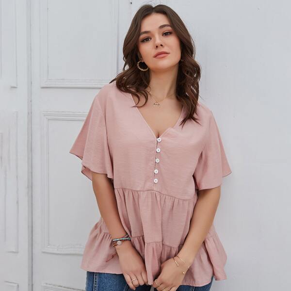 

Plus Solid Ruffle Hem Tunic Blouse, Dusty pink