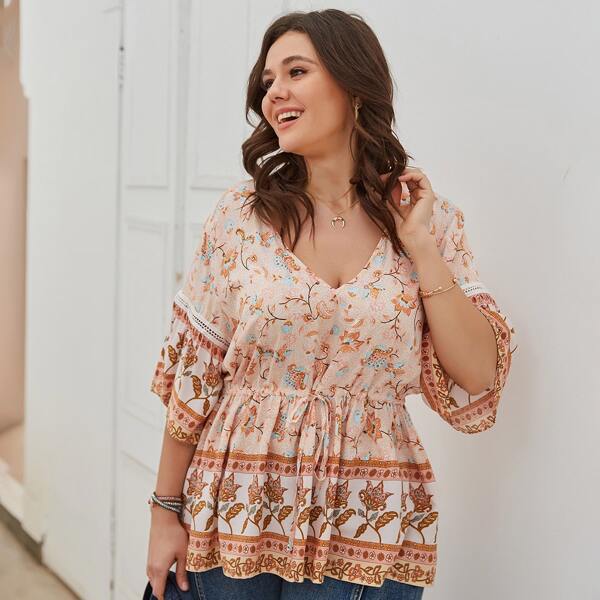 

Plus Floral Print Drawstring Waist Tunic Blouse, Multicolor