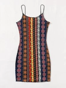 SHEIN VCAY Lettuce Trim Geo Print  Bodycon Dress - Multicolor - View 4