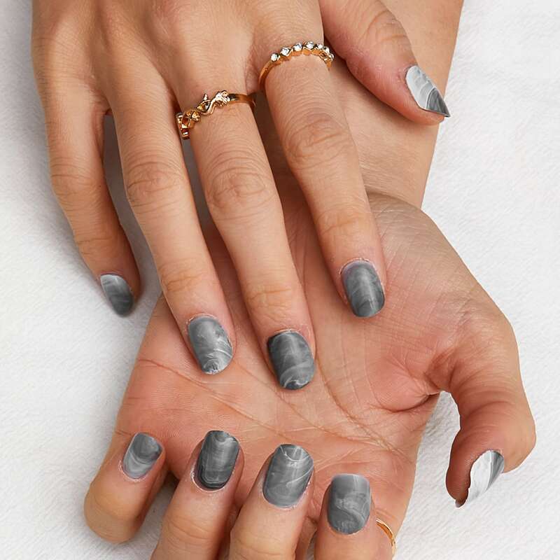 

24pcs Marble Pattern Fake Nail & 1sheet Tape, Grey