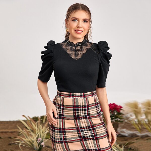 

Plus Puff Sleeve Lace Yoke Top, Black