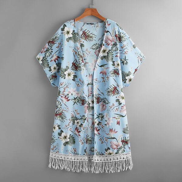 

Fringe Hem Tropical Print Kimono, Multicolor