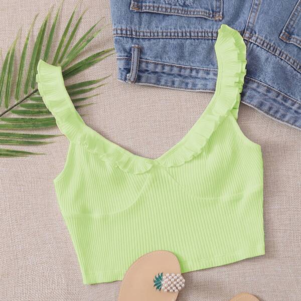 

Ruffle Trim Rib-knit Crop Top, Lime green