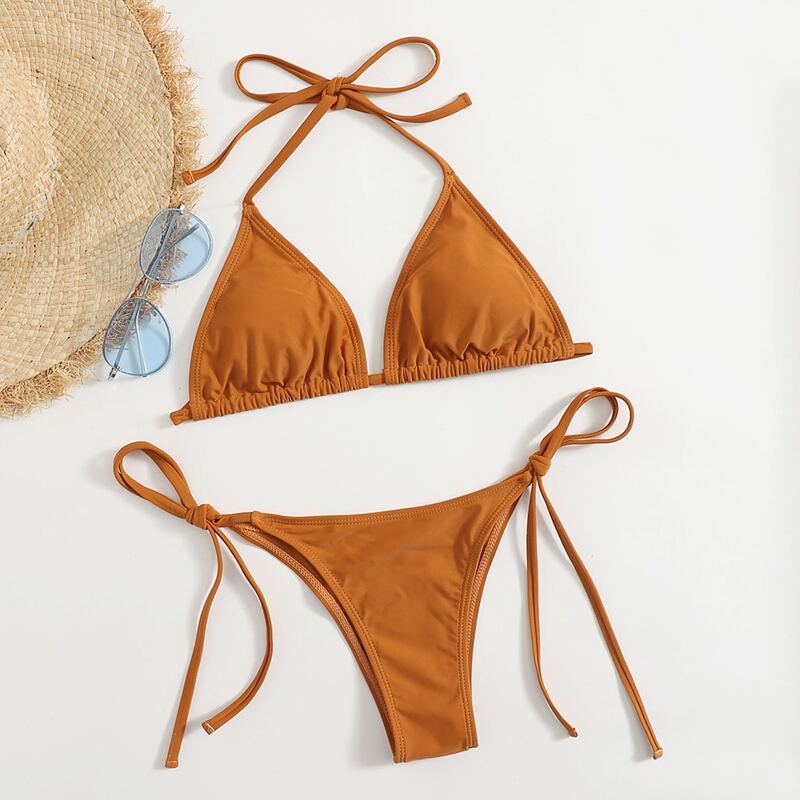 

Solid Triangle Tie Side Bikini Swimsuit, Orange