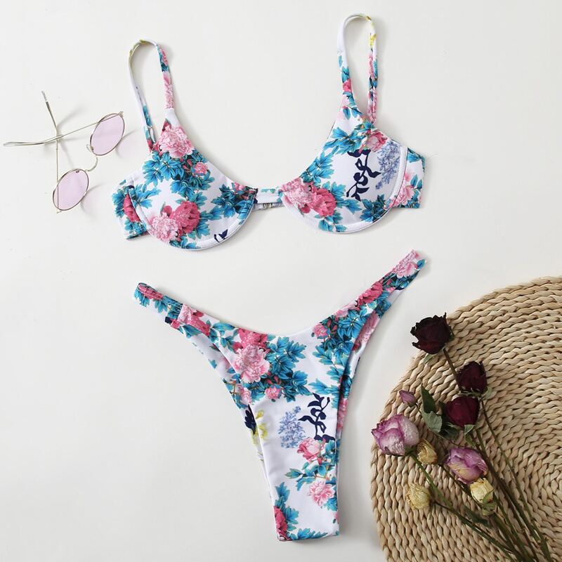 

Floral Underwire High Leg Bikini Swimsuit, Multicolor