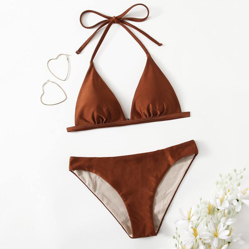 

Solid Triangle Bikini Swimsuit, Brown