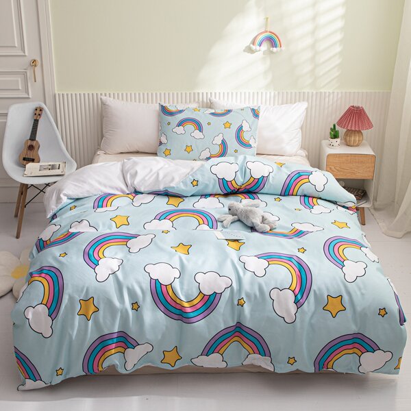 

Kids Rainbow Print Duvet Cover Set Without Filler, Blue