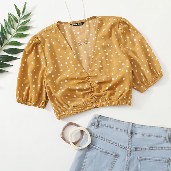 

Ruched Detail Polka-dot Print Top, Yellow