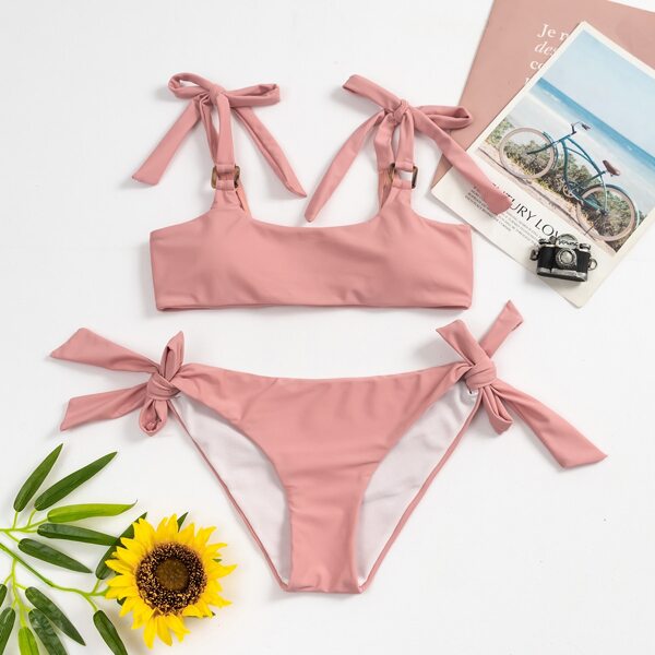 

Tie Shoulder Tie Side Bikini Swimsuit, Pink