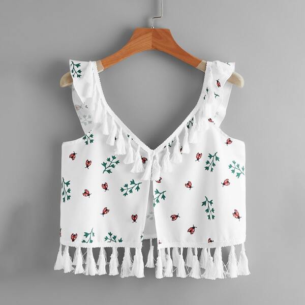 

Ladybug & Plant Print Tassel Hem Top, White