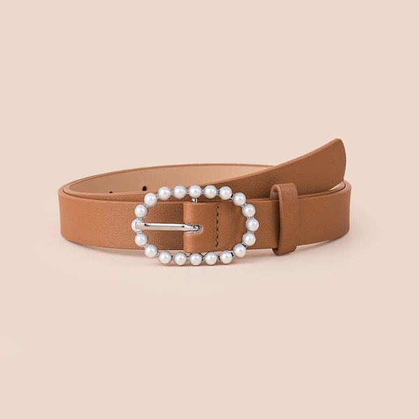 

Faux Pearl Geo Buckle Belt, Camel