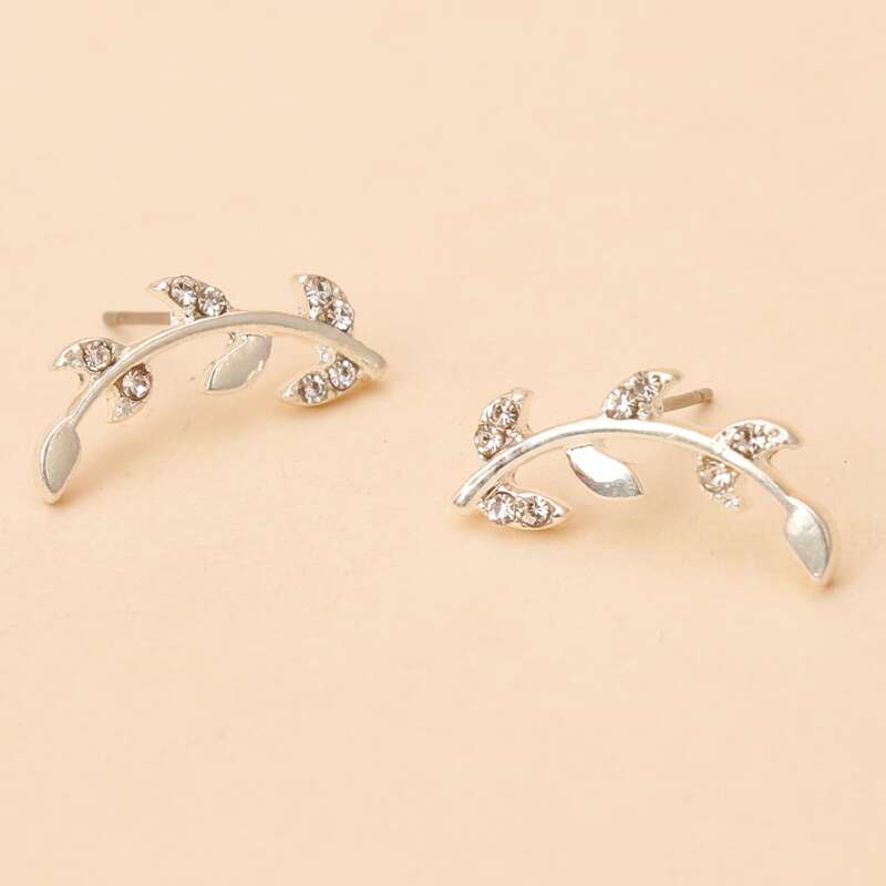 

Rhinestone Leaf Stud Earrings, Silver