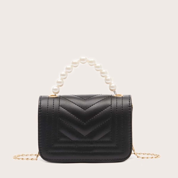

Mini Faux Pearl Handle Chevron Satchel Bag, Black