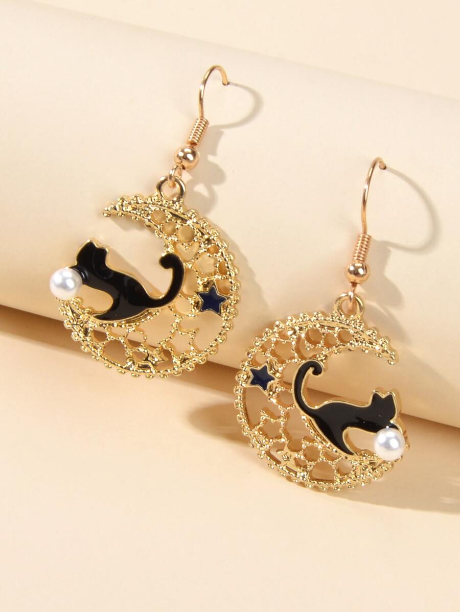 Cat Decor Hollow Out Moon Drop Earrings - Yellow Gold - View 1