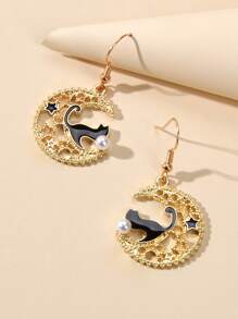 Cat Decor Hollow Out Moon Drop Earrings - Yellow Gold - View 3