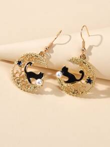 Cat Decor Hollow Out Moon Drop Earrings - Yellow Gold - View 4