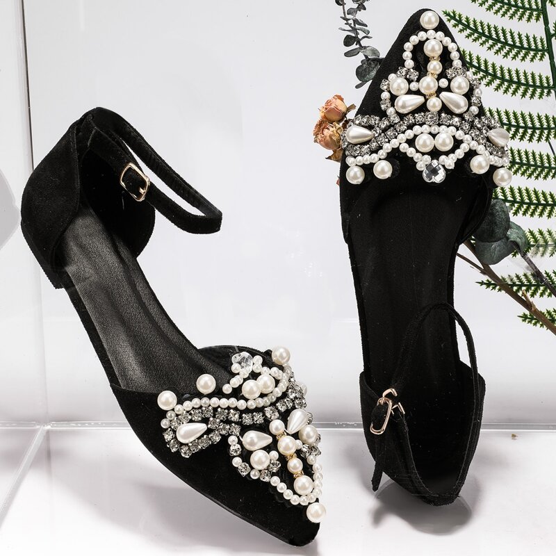 

Rhinestone Decor Ankle Strap Flats, Black