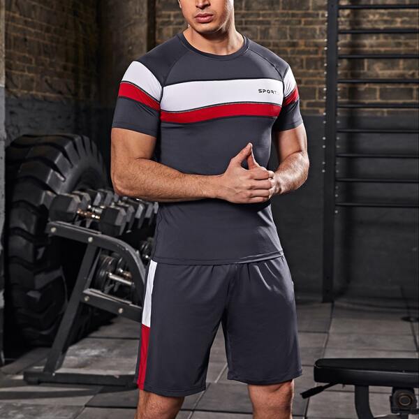 

Men Letter Graphic Color-block Sports Tee & Shorts, Multicolor