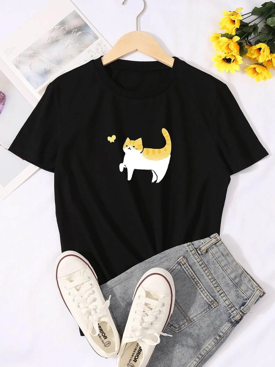 T-shirt à imprimé chat - Noir - Voir 1