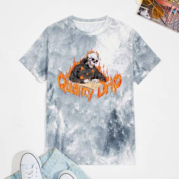

Men Skeleton And Fire Print Tie Dye Tee, Multicolor