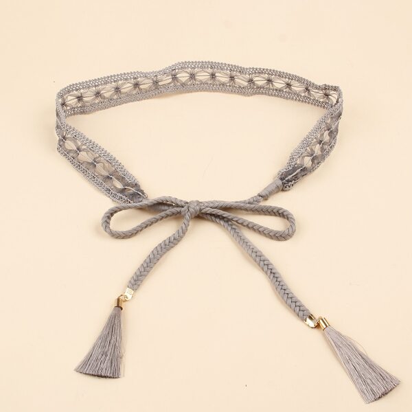 

Tassel Charm Braided Lace Belt, Grey